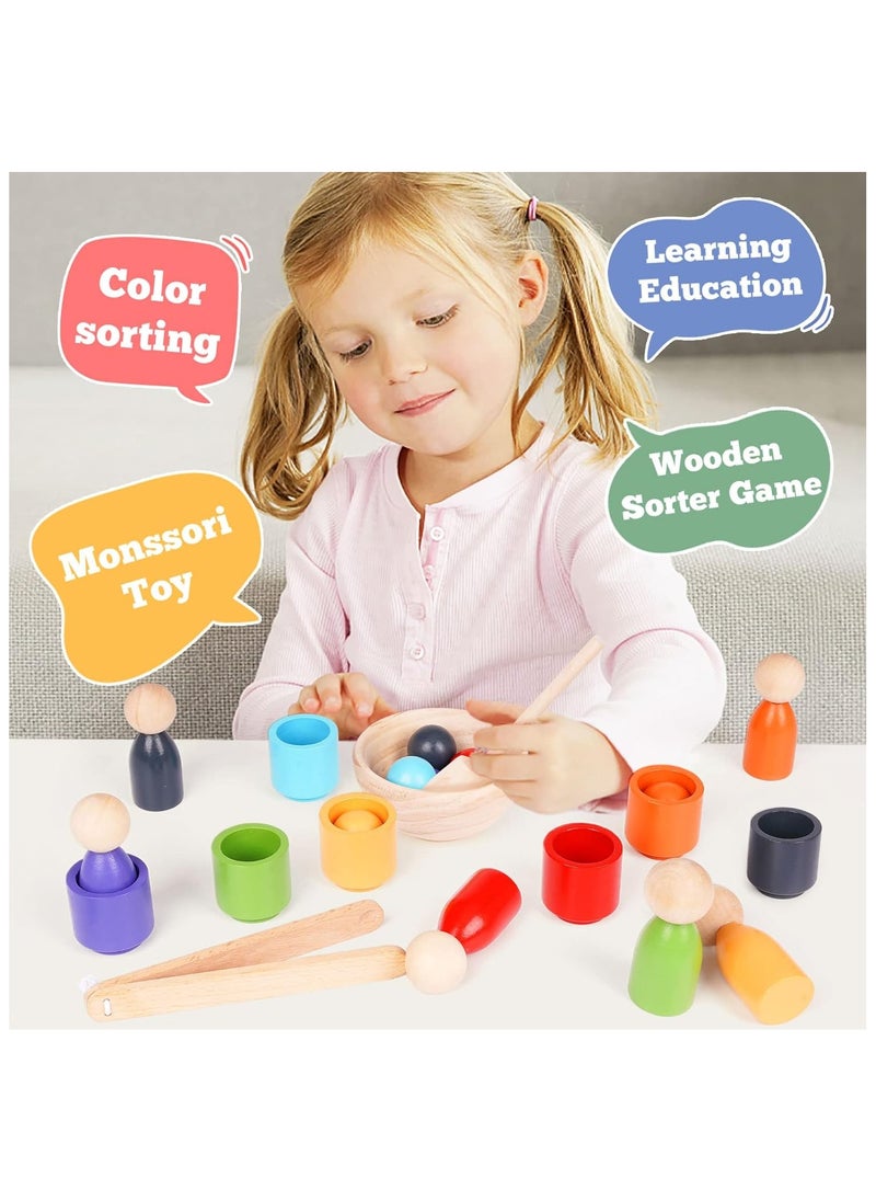 NOAEOU Balls in Cups Montessori Toy Wooden Sorter Game Wooden Peg Dolls in Cups Colorful Balls Peg Dolls and Dishes Color Sorting Preschool Learning Education Fine Motor Skill Toys for Toddlers  - Image 2
