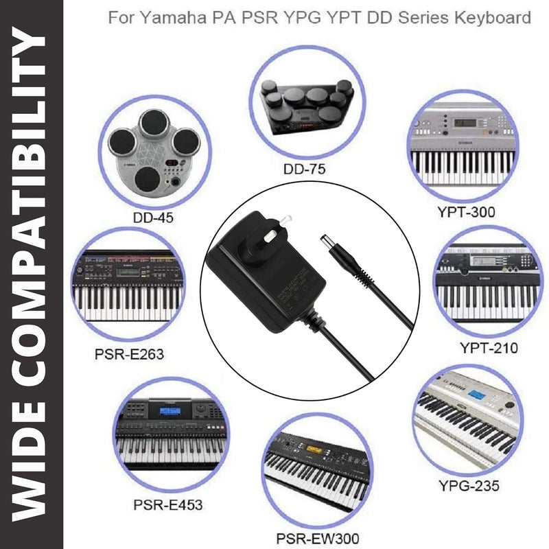 FEDUS 12V 2A Ac Power Supply Long Cord Charging Adapter for Yamaha Psr, YPG, Ypt, Dgx, Dd, Ez and P Digital Piano and Portable Keyboard Series, Replacement Pa-130 Pa-130B (2 Meter, Black) - Image 2