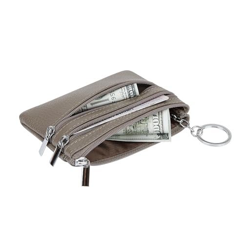 Cynure Women's Genuine Leather Coin Purse Mini Pouch Change Wallet with Keychain, Grey - Image 3