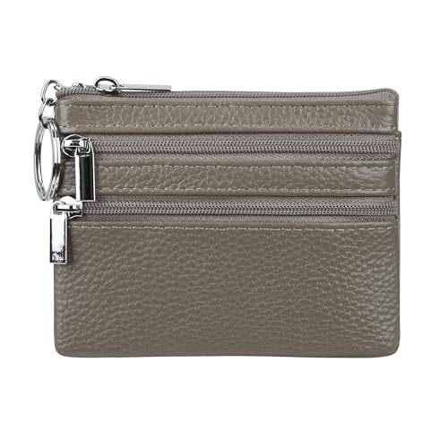 Cynure Women's Genuine Leather Coin Purse Mini Pouch Change Wallet with Keychain, Grey - Image 1