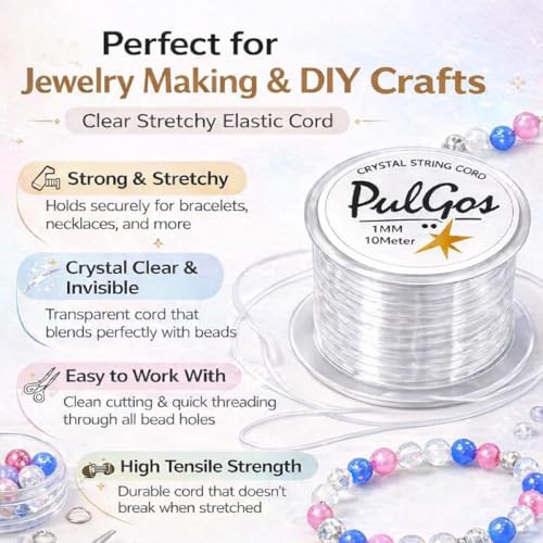 PulGos 𝟏𝟎𝐌 Pack-𝟐 Crystal Elastic Cord–1.0mm |Round Beading Thread for Bracelet Necklaces DIY Handmade Jewelry Making |Strong & Durable Spool for Crafting Flexible String for Beads & Accessories - Image 2