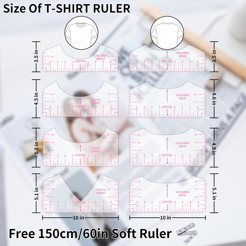 tietoc 9pcs Tshirt Ruler Guide for Vinyl Alignment, T Shirt Rulers to Center Designs, PVC Measurement Template, Sewing Supplies Accessories Tools for Cricut Heat Press & HTVRONT HTV Transfer Vinyl (Pink) - Image 4