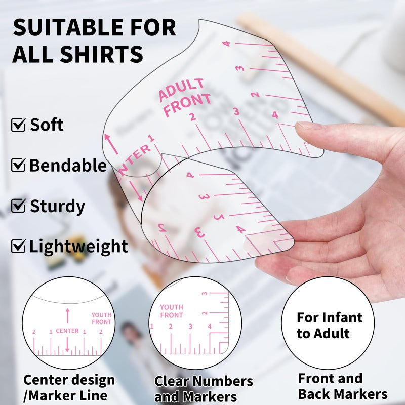 tietoc 9pcs Tshirt Ruler Guide for Vinyl Alignment, T Shirt Rulers to Center Designs, PVC Measurement Template, Sewing Supplies Accessories Tools for Cricut Heat Press & HTVRONT HTV Transfer Vinyl (Pink) - Image 2