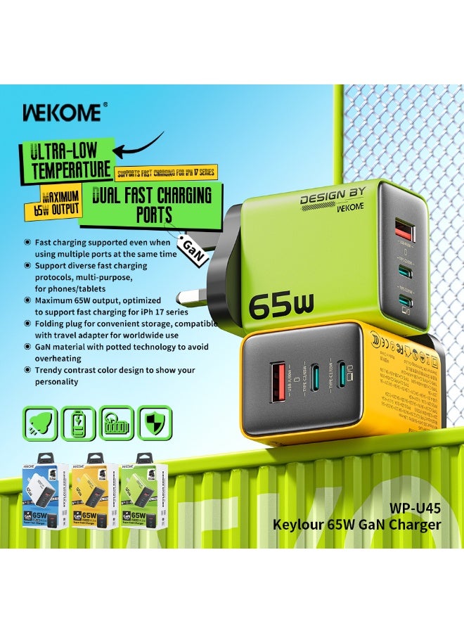 WEKOME 65W GaN Multi Port Fast Wall Charger Yellow UK 3-Pin, Foldable Plug Universal Fast Charging Adapter with Multiple Protocols - Image 2
