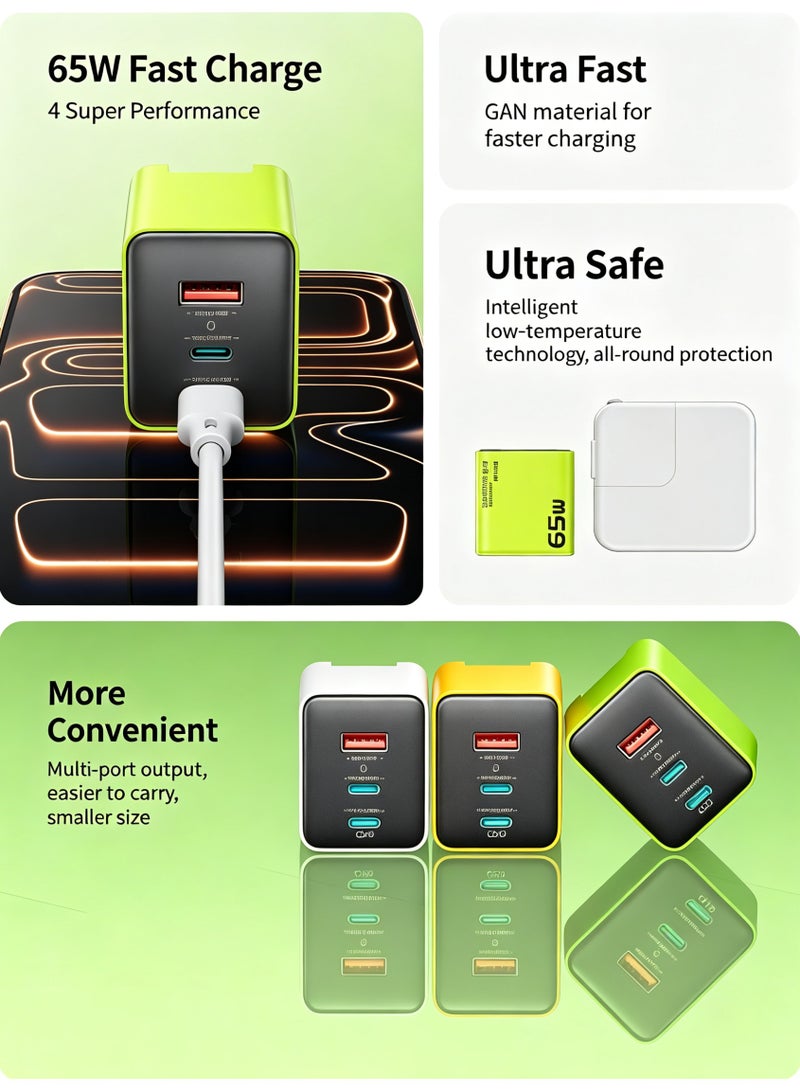 WEKOME 65W GaN Multi Port Fast Wall Charger Yellow UK 3-Pin, Foldable Plug Universal Fast Charging Adapter with Multiple Protocols - Image 4