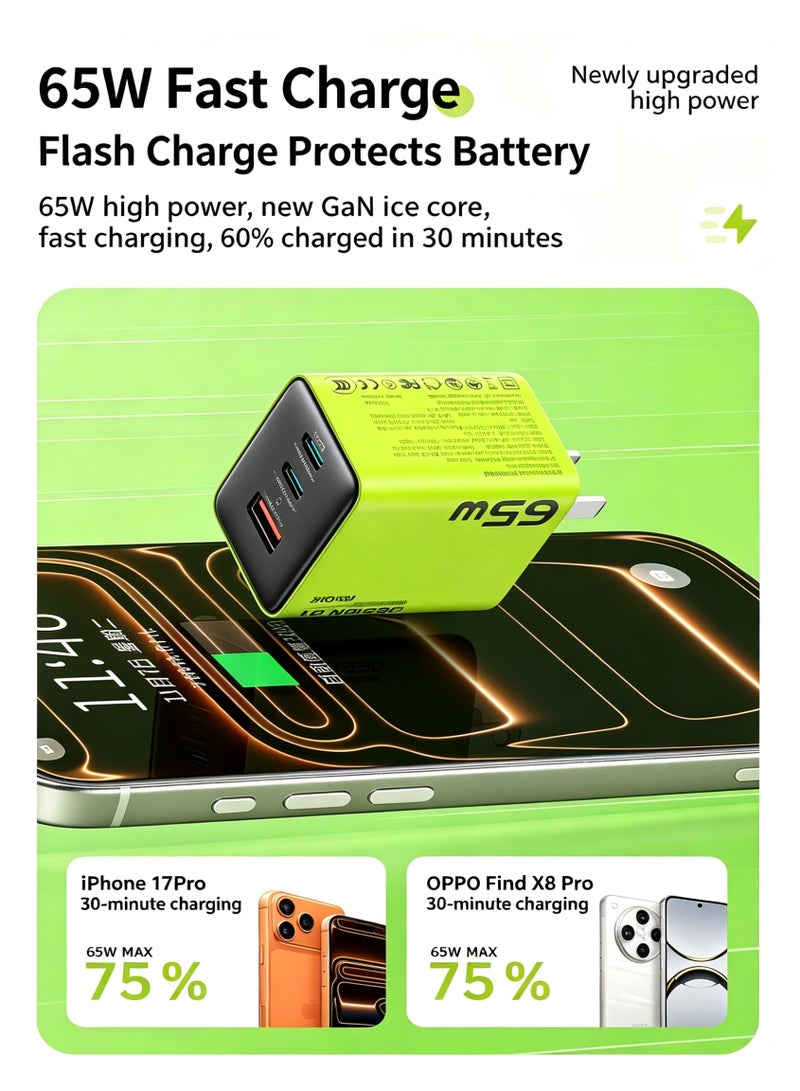 WEKOME 65W GaN Multi Port Fast Wall Charger Yellow UK 3-Pin, Foldable Plug Universal Fast Charging Adapter with Multiple Protocols - Image 3