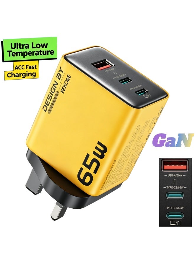 WEKOME 65W GaN Multi Port Fast Wall Charger Yellow UK 3-Pin, Foldable Plug Universal Fast Charging Adapter with Multiple Protocols - Image 1