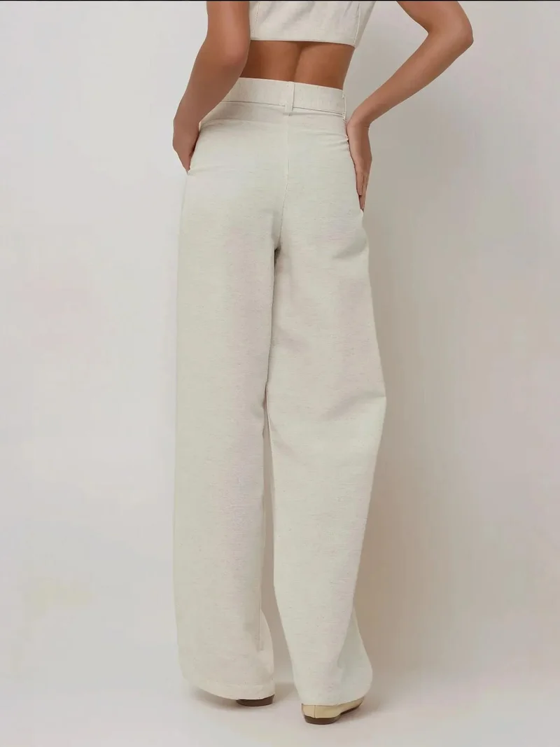 HICCUP Cream Natural Linen Feel Wide Leg Pleated Pants for Women | Best Price UAE