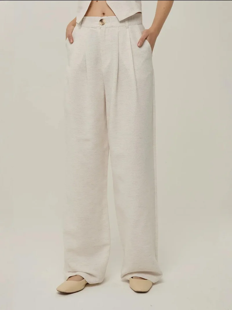 HICCUP Cream Natural Linen Feel Wide Leg Pleated Pants for Women | Best Price UAE