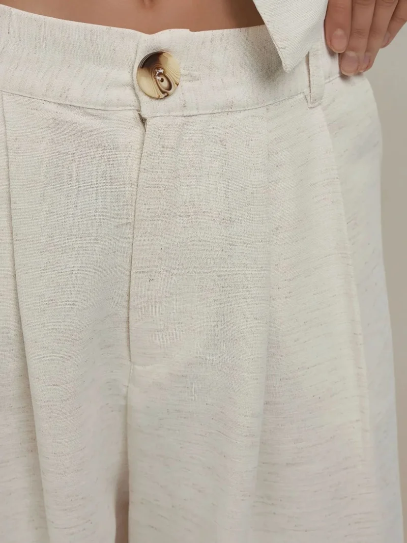 HICCUP Cream Natural Linen Feel Wide Leg Pleated Pants for Women | Best Price UAE