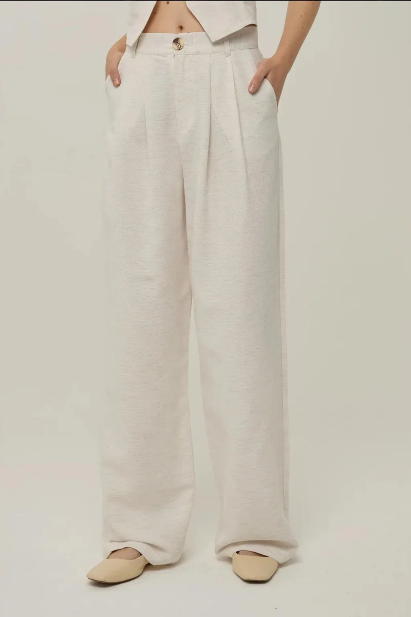 Hiccup Cream Natural Linen Feel Wide Leg Pleated Pants for Women | Best Price UAE