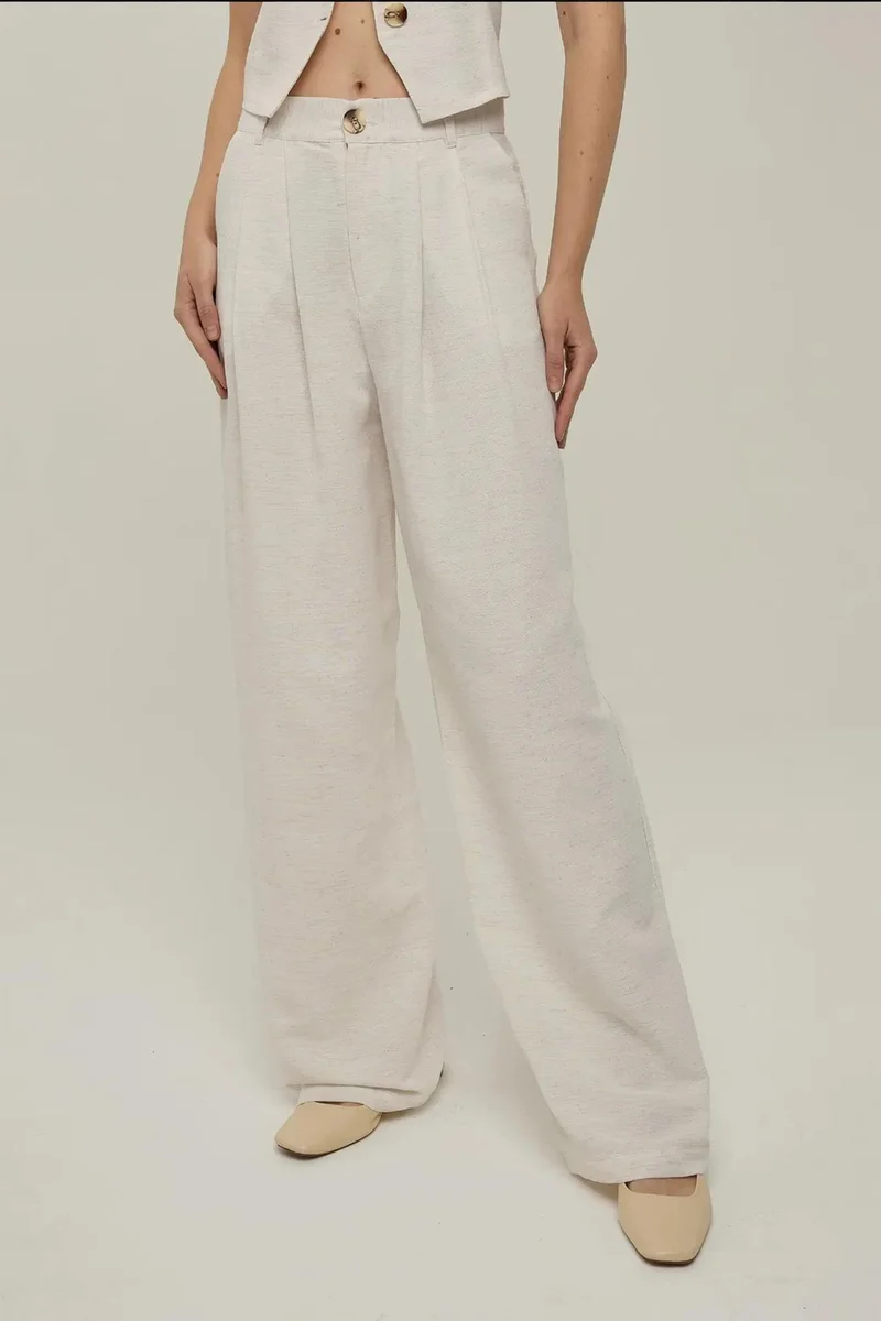 Hiccup Cream Natural Linen Feel Wide Leg Pleated Pants for Women | Best Price UAE
