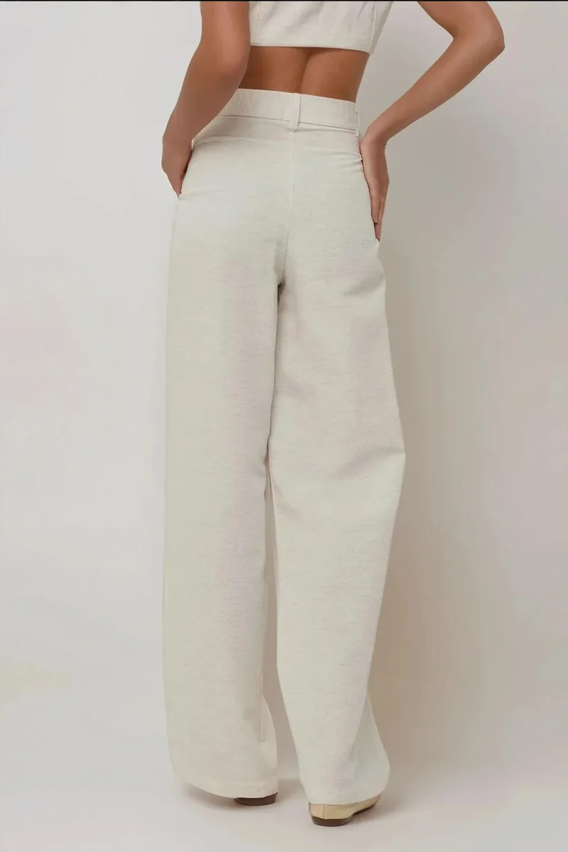 Hiccup Cream Natural Linen Feel Wide Leg Pleated Pants for Women | Best Price UAE