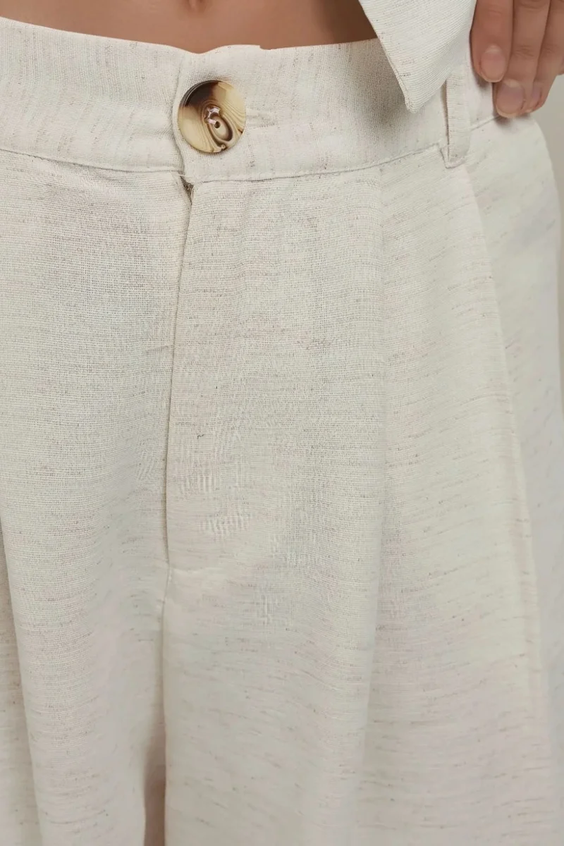 Hiccup Cream Natural Linen Feel Wide Leg Pleated Pants for Women | Best Price UAE