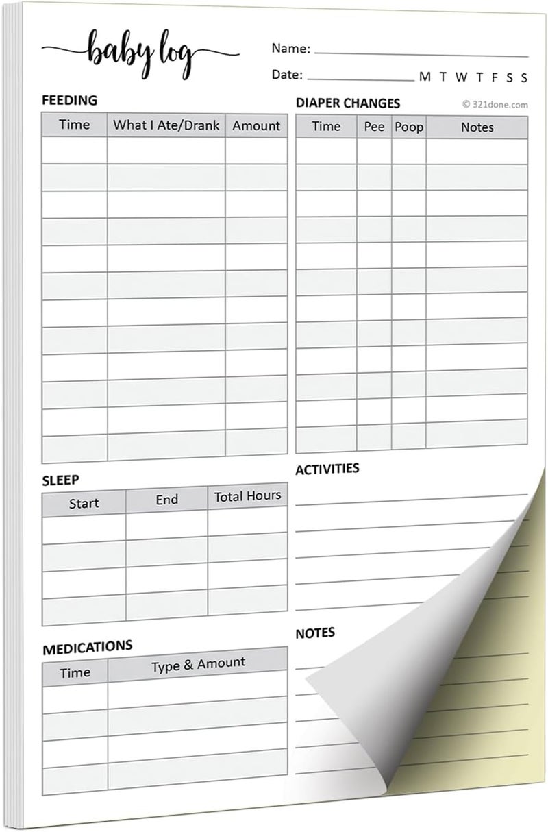 321Done دفتر تسجيل يومي للأطفال بدون كربون 321Done مصنوع في الولايات المتحدة الأمريكية 55x85 لوح لتغذية الأطفال حديثي الولادة وتغيير الحفاضات والنوم وتتبع الأدوية للآباء ومقدمي الرعاية ومراكز الرعاية النهارية 50 مجموعة - Image 1