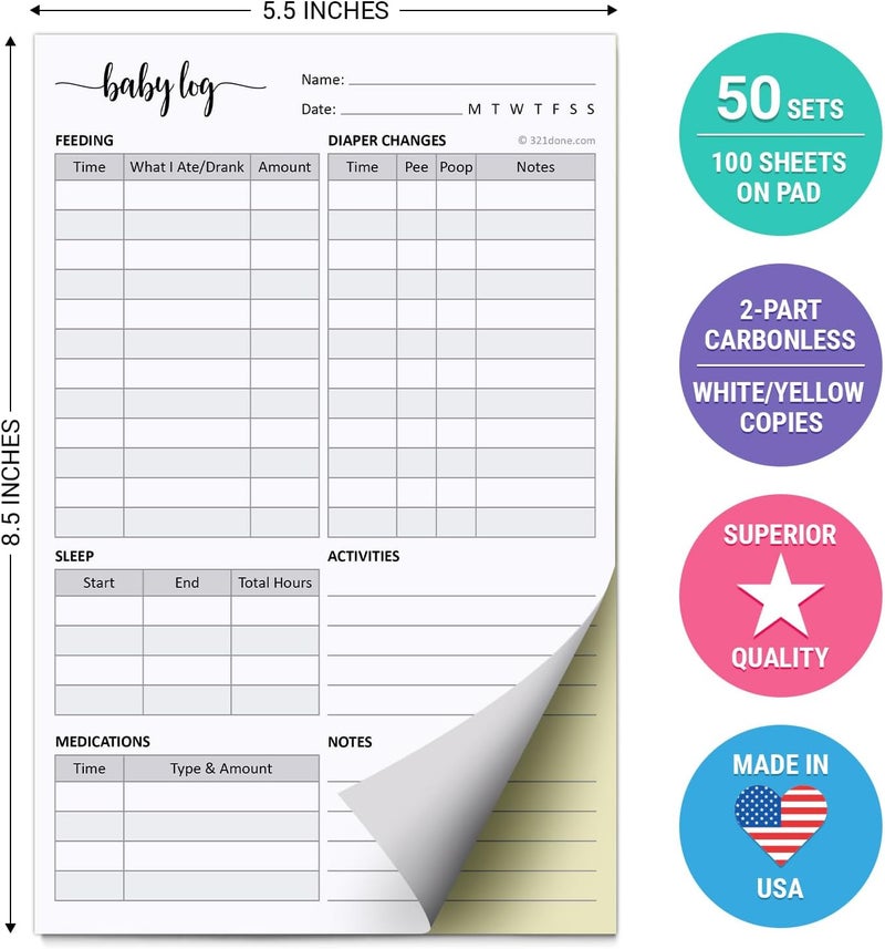 321Done دفتر تسجيل يومي للأطفال بدون كربون 321Done مصنوع في الولايات المتحدة الأمريكية 55x85 لوح لتغذية الأطفال حديثي الولادة وتغيير الحفاضات والنوم وتتبع الأدوية للآباء ومقدمي الرعاية ومراكز الرعاية النهارية 50 مجموعة - Image 2