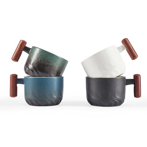 CLASGLAZ 6 Oz Ceramic Espresso Mugs with Wooden Handle, Demitasse Cups for Double Shot Latte Cappuccino Lungo Tea Bag Beverage, Espresso Cups Set of 4 - Image 1