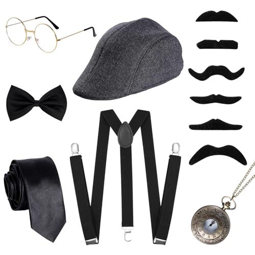 ishua 1920s Men Gangster Costume Accessories Set, 12 pcs Men Costume Accessories, Roaring Retro Mens Gatsby Accessories 1920s Black - Image 1
