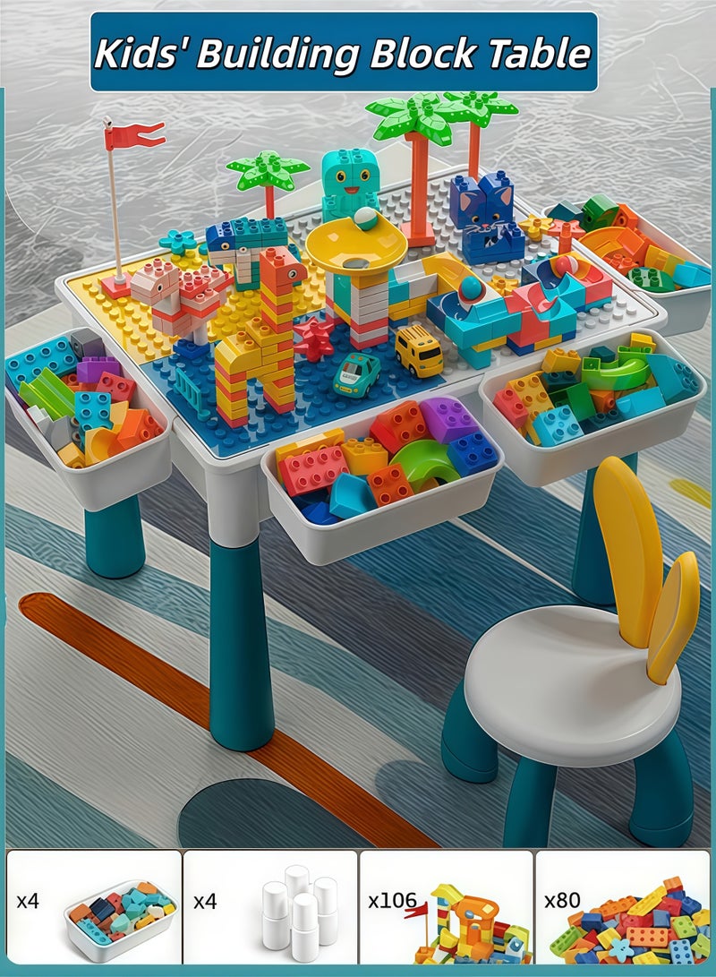 XiuWoo Kids' Building Block Table,Toddler Blocks Toy Set,Kids 5-in-1 Multi Activity Table Set,Kids Activitle and Chair Set,All-in-One Multi Activity Table with Storage Building Blocks Table Compatible with Classic Bricks Craft Learn Play Water Sand Table,for Ages 3-8 | Adjustable Height Building Block Table with 1 Stool & 4 Storage Boxes - Image 1