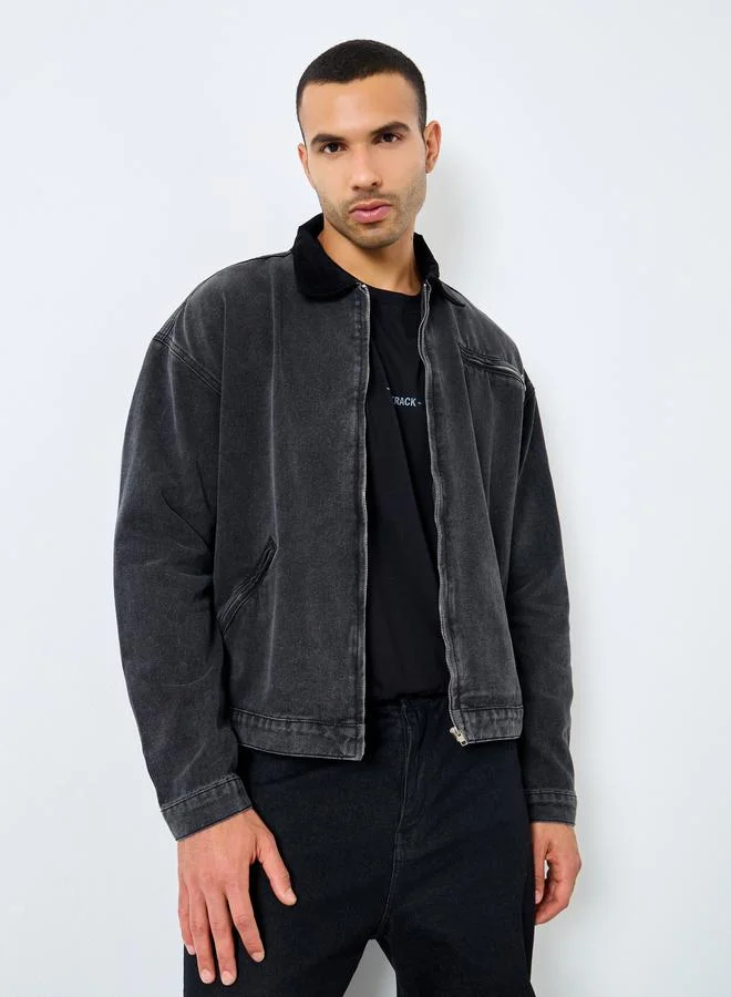 Styli Men Black Denim Jacket with Corduroy Collar