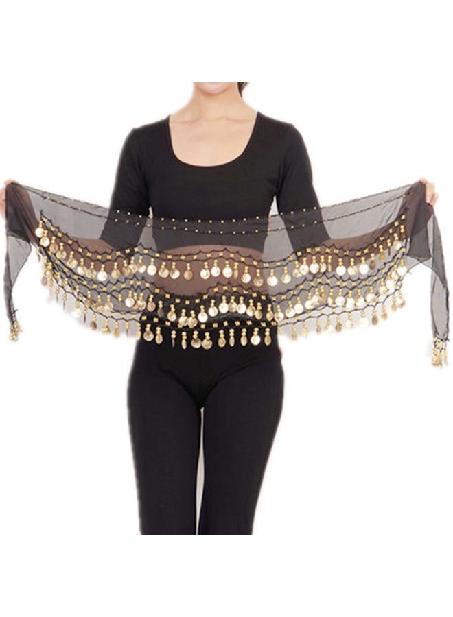 XHBTS Multi-Row Gold Coins Belly Dance Wrap & Hip Scarf, Simple Classical Style -Black 128 Gold Coins Dance Skirt and Face Tattoo Sticker Metallic Temporary Transfer Tattoo  - Image 5