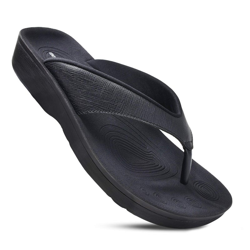 AEROTHOTIC Comfy Flip Flops for Women with Arch Support Orthotic Footbed Stylish Faux Leather Padded Straps with Soft Toe Post & Non-Slip Sole Slip On Casual Indoor and Outdoor Ladies Sandals (Matt Black, Size 8) - Image 1