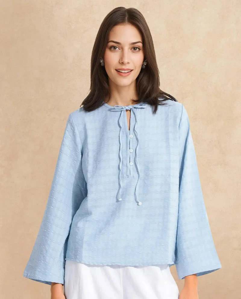 Rareism Women's Tie Up Neck Relaxed Fit Plain Top