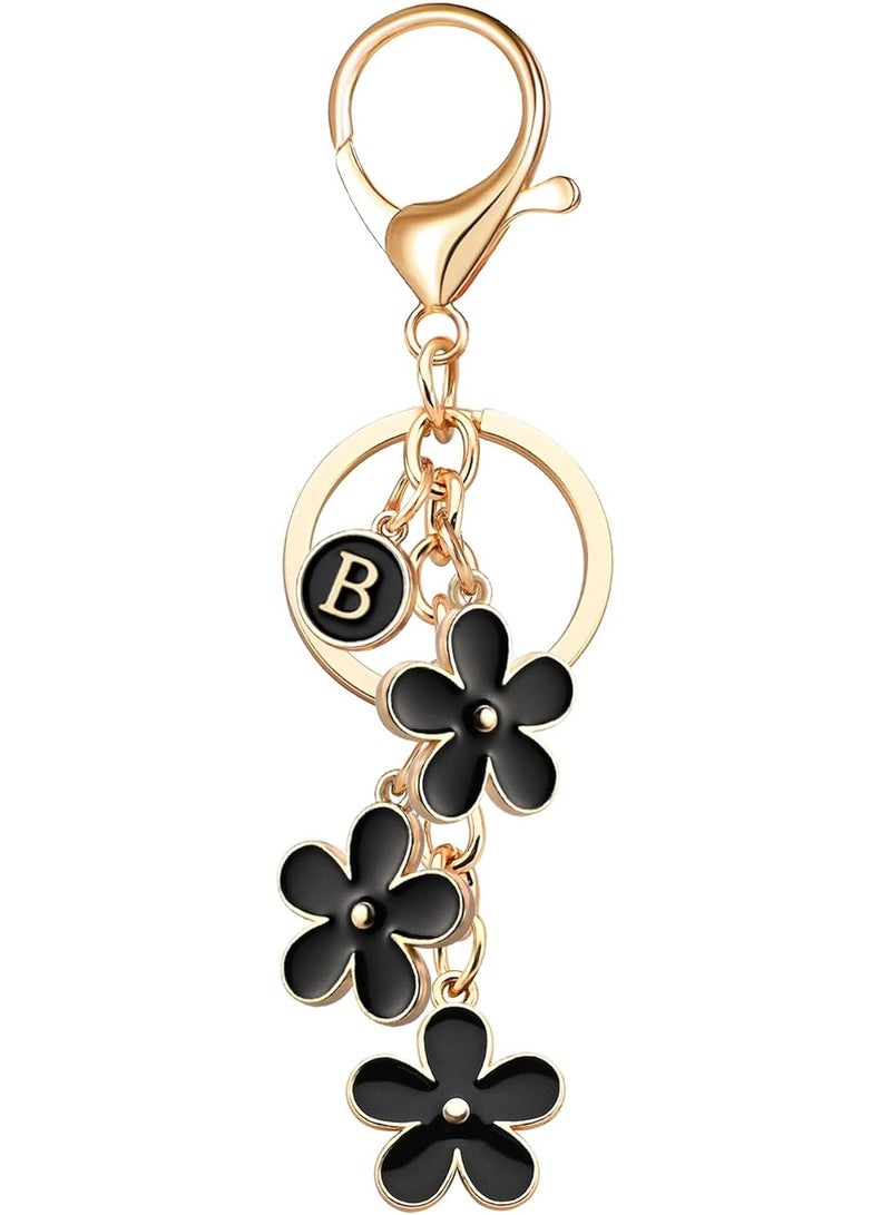 Initial Letter Keychain with Black Flower Charms for Handbags & Backpacks - Image 1