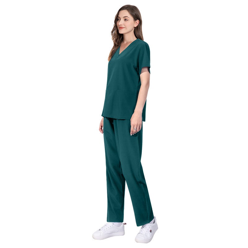 Elastic Quick-dry Scrub Set V-Neck Medical Nurse Uniform 42021 dark green 