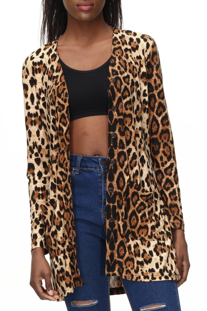QegarTop Shirt Cardigan for Women Printed Cardigan Leopard Coat Long Sleeve Open Front Cardigan Top w Pockets Brown - Image 5