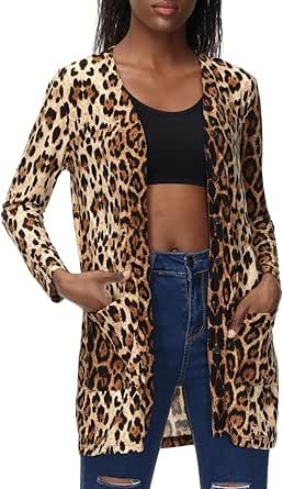 QegarTop Shirt Cardigan for Women Printed Cardigan Leopard Coat Long Sleeve Open Front Cardigan Top w Pockets Brown - Image 2