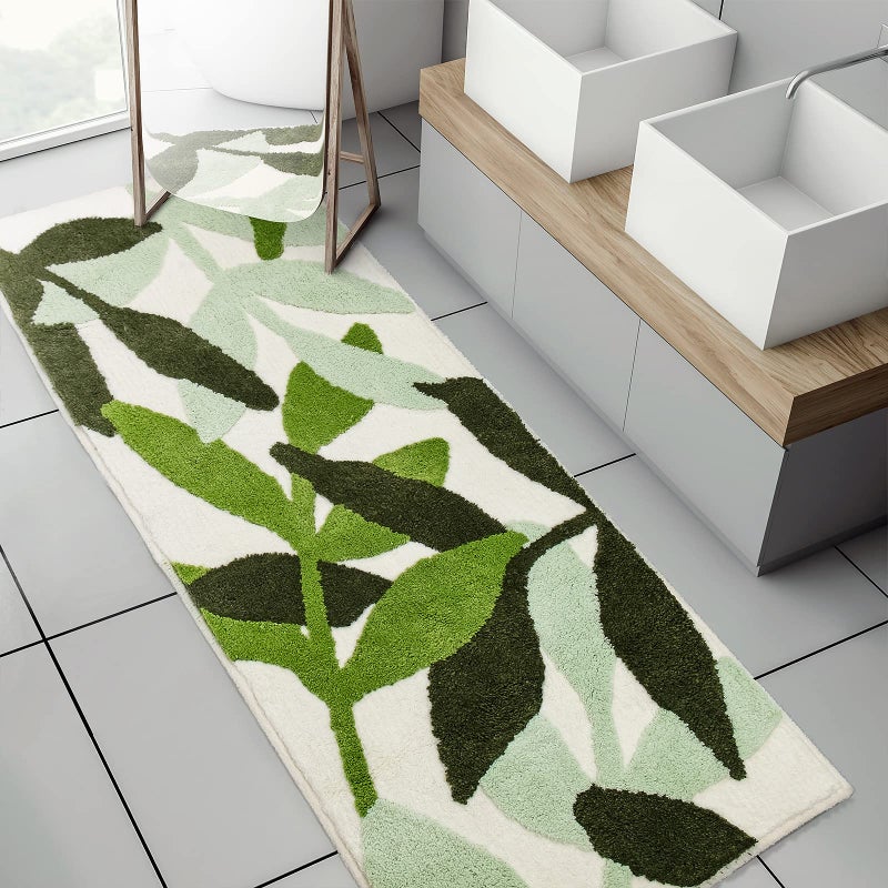 UNIBATH Leaf Bathroom Runner Rug 24x60 Non Slip Long Bath Rugs Green Extra Large Bath Runner Rugs for Bathroom Microfiber Absorbent Washable Area Rugs
