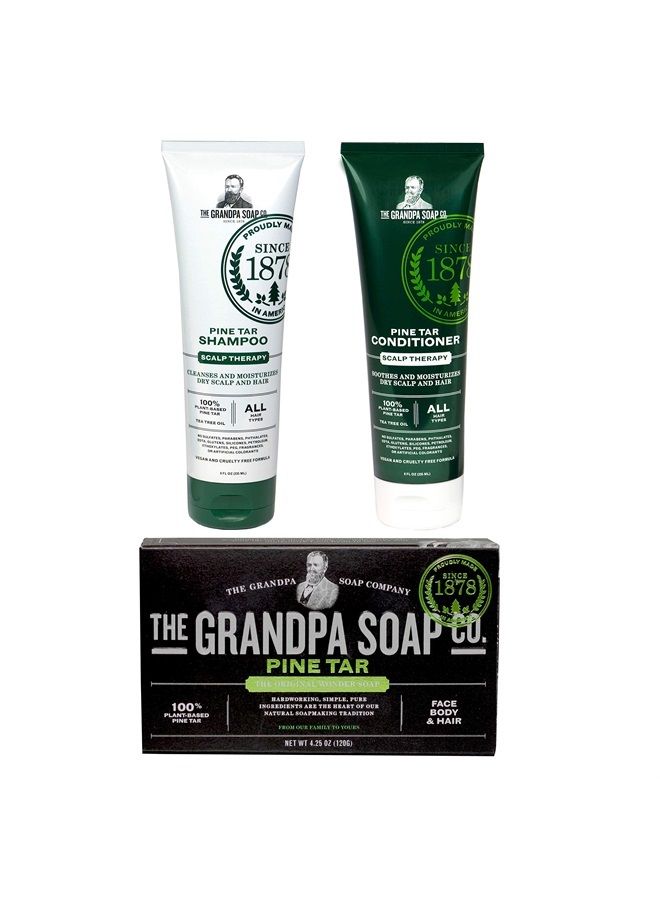 GRANDPA'S PINE TAR BAR SOAP SHAMPOO CONDITIONER PERSONAL BEST NATURAL TREATMENT SENSITIVE SKIN 3 PACK VALUE BUNDLE SET - Image 1