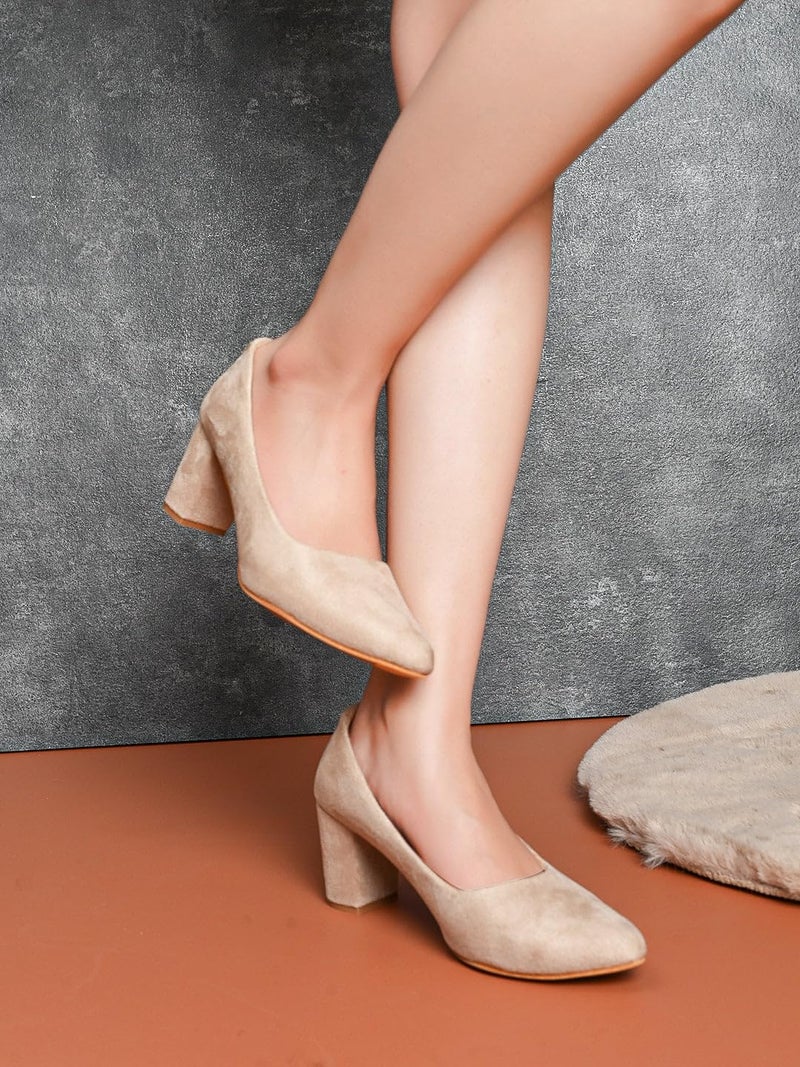 XE Looks Classic Cream Pumps | Chic Suede Finish | Comfortable Block Heel For Girls & Womens - Image 5
