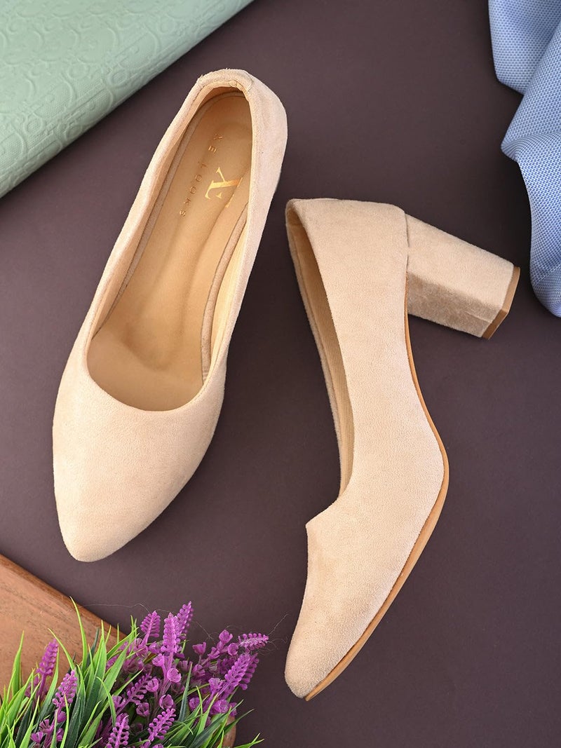 XE Looks Classic Cream Pumps | Chic Suede Finish | Comfortable Block Heel For Girls & Womens - Image 2