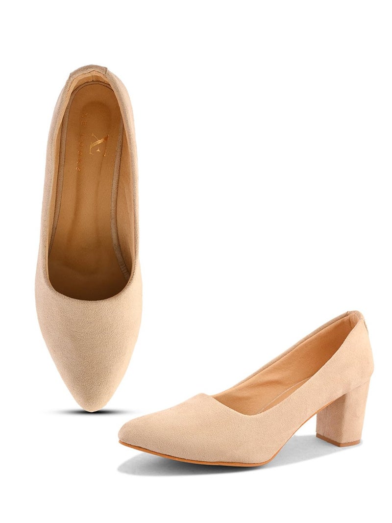 XE Looks Classic Cream Pumps | Chic Suede Finish | Comfortable Block Heel For Girls & Womens - Image 1