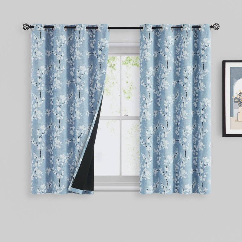 FMFUNCTEX 100% Blackout Floral Curtains for Bedroom  Blue Curtains 54 inch Length Blossom Flower Patterned for Living Room  Thermal Insulated Farmhouse Drapes  Grommet Top 2 Panels (White on Blue) - Image 1