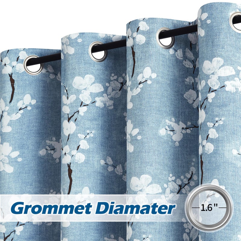 FMFUNCTEX 100% Blackout Floral Curtains for Bedroom  Blue Curtains 54 inch Length Blossom Flower Patterned for Living Room  Thermal Insulated Farmhouse Drapes  Grommet Top 2 Panels (White on Blue) - Image 2