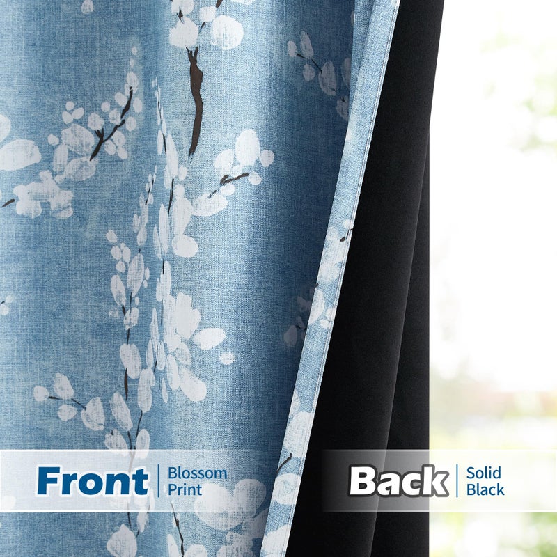 FMFUNCTEX 100% Blackout Floral Curtains for Bedroom  Blue Curtains 54 inch Length Blossom Flower Patterned for Living Room  Thermal Insulated Farmhouse Drapes  Grommet Top 2 Panels (White on Blue) - Image 3