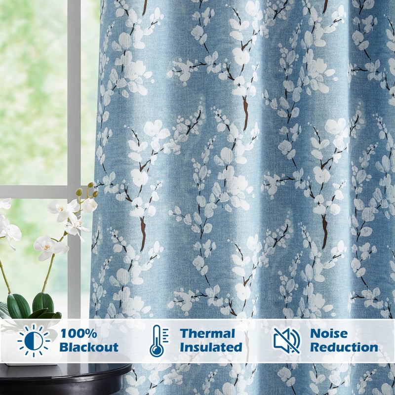 FMFUNCTEX 100% Blackout Floral Curtains for Bedroom  Blue Curtains 54 inch Length Blossom Flower Patterned for Living Room  Thermal Insulated Farmhouse Drapes  Grommet Top 2 Panels (White on Blue) - Image 4