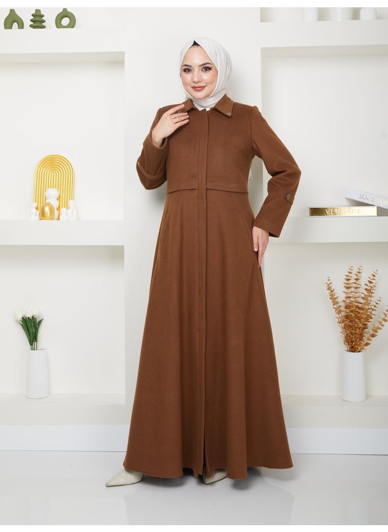 Günay Karaca Winter Furry Cashmere Women's Coffee Topcoat Mevlana Cut 20244  - Image 2