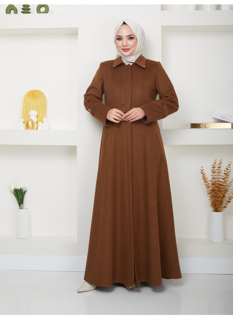 Günay Karaca Winter Furry Cashmere Women's Coffee Topcoat Mevlana Cut 20244  - Image 4