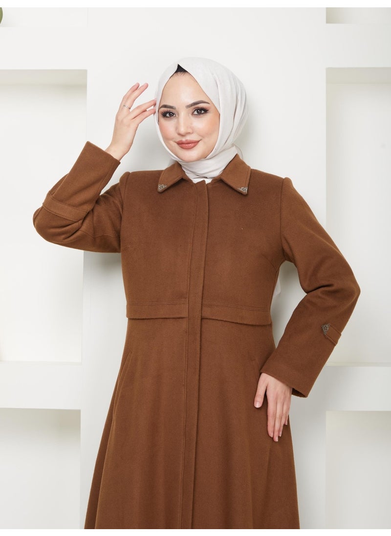 Günay Karaca Winter Furry Cashmere Women's Coffee Topcoat Mevlana Cut 20244  - Image 3
