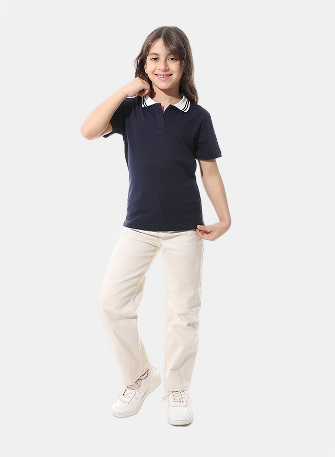 Andora Johnny Collar Pique Polo Shirt _ Navy Blue & White - Image 5