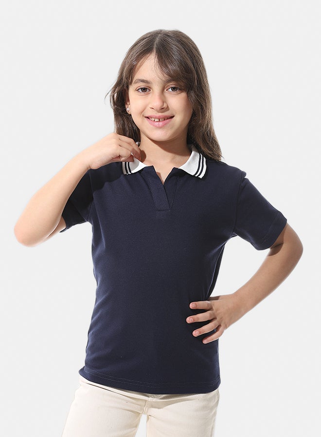 Andora Johnny Collar Pique Polo Shirt _ Navy Blue & White - Image 2