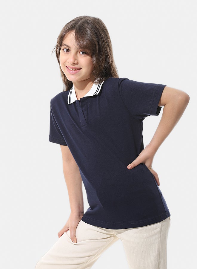 Andora Johnny Collar Pique Polo Shirt _ Navy Blue & White - Image 3