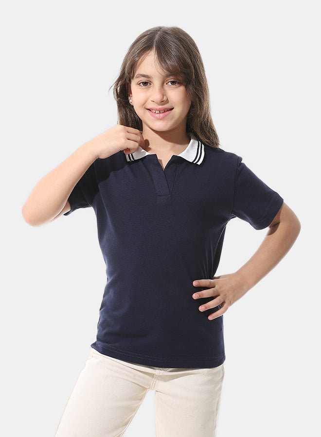 Andora Johnny Collar Pique Polo Shirt _ Navy Blue & White - Image 1