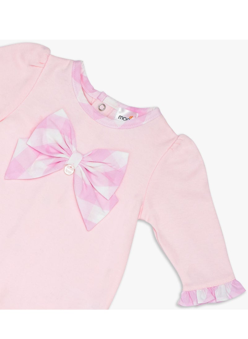 Moon بدلة نوم قطن 100% مع رباط رأس 3-6 أشهر باللون الوردي - مربعات وردية - Image 3