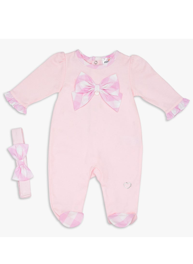 Moon بدلة نوم قطن 100% مع رباط رأس 3-6 أشهر باللون الوردي - مربعات وردية - Image 1