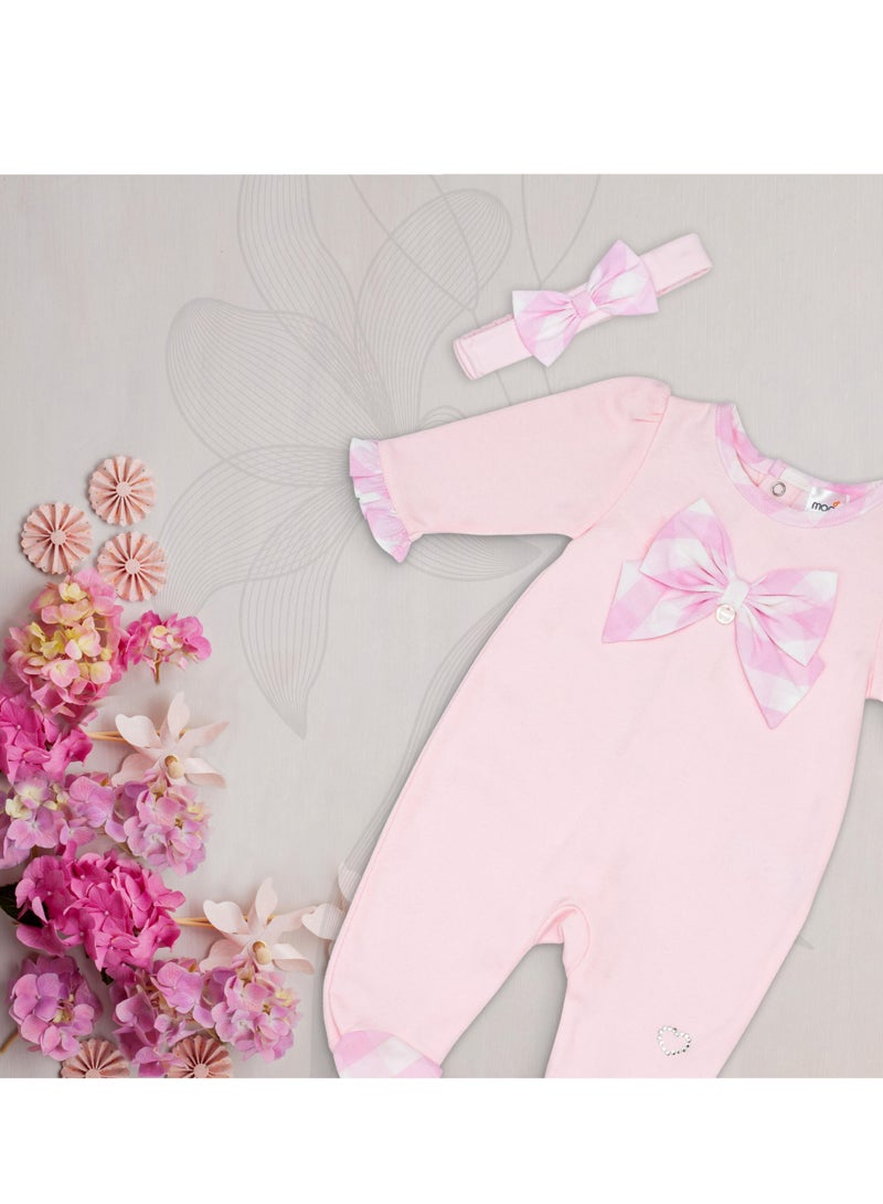 Moon بدلة نوم قطن 100% مع رباط رأس 3-6 أشهر باللون الوردي - مربعات وردية - Image 5